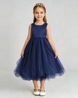 Navy Blue Tulle A-line Girls Formal Dress Front View