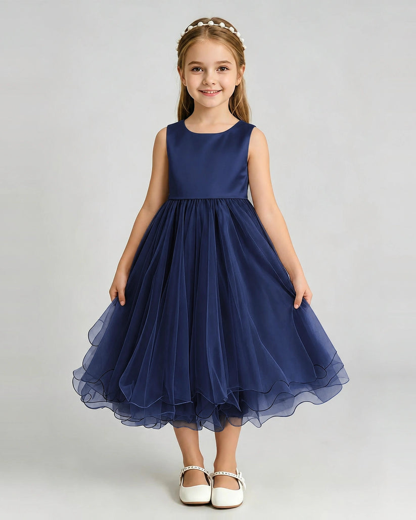 Navy Blue Tulle A-line Girls Formal Dress Front View