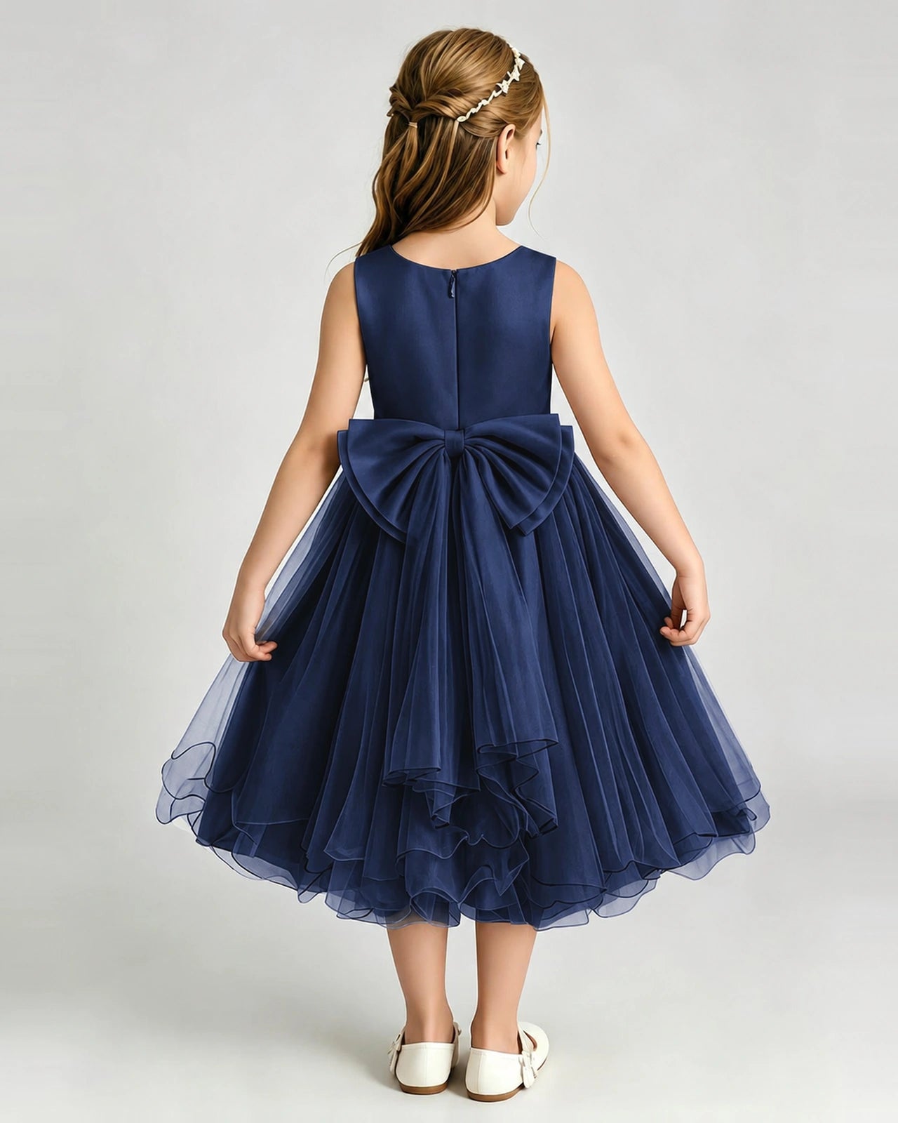 Navy Blue Flower Girl Dress Sleeveless Layered Chiffon Knee-Length A-Line Gown Back View