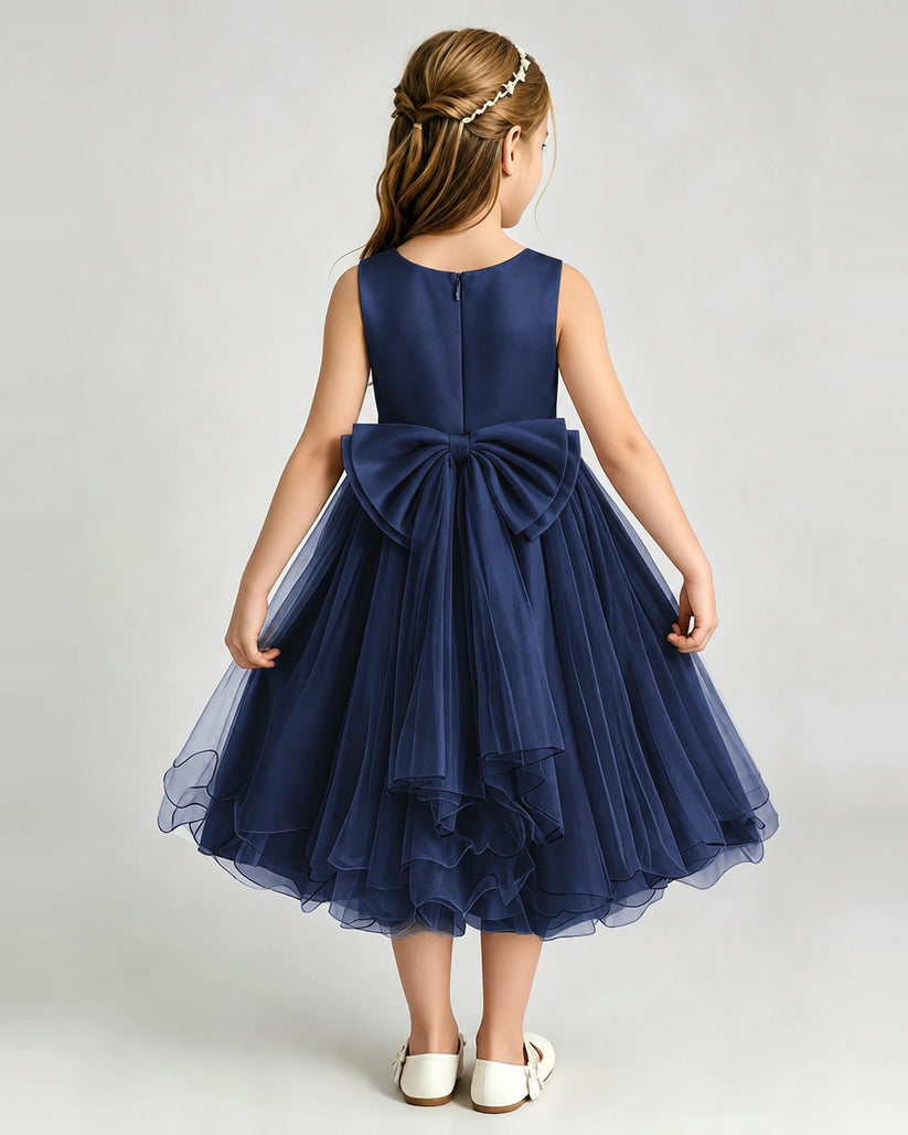 Navy Blue Tulle A-line Girls Formal Dress Back View