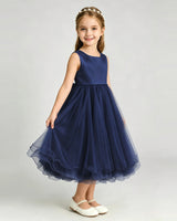 Navy Blue Tulle A-line Girls Formal Dress Front View