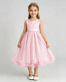 Pink Flower Girl Dress Sleeveless Layered Chiffon Knee-Length A-Line Gown Front Full View