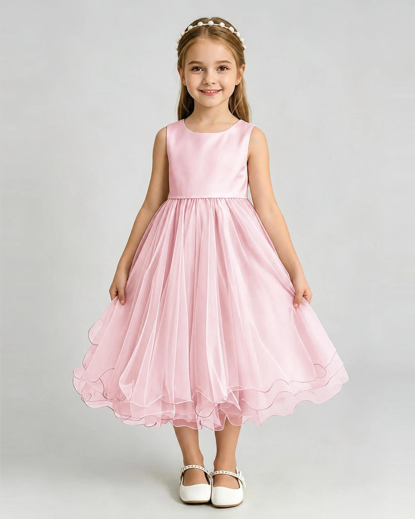 Pink Satin A-line Girls Formal Dress Front View