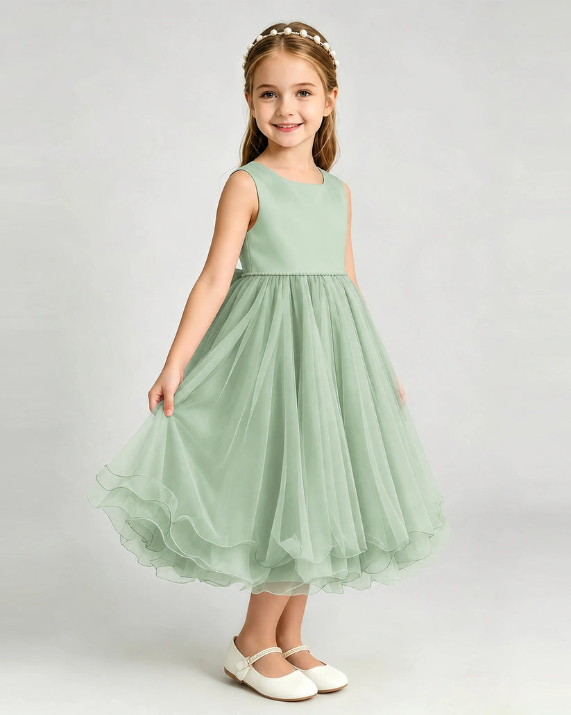 Sage Green Tulle A-line Girls Formal Dress Front View