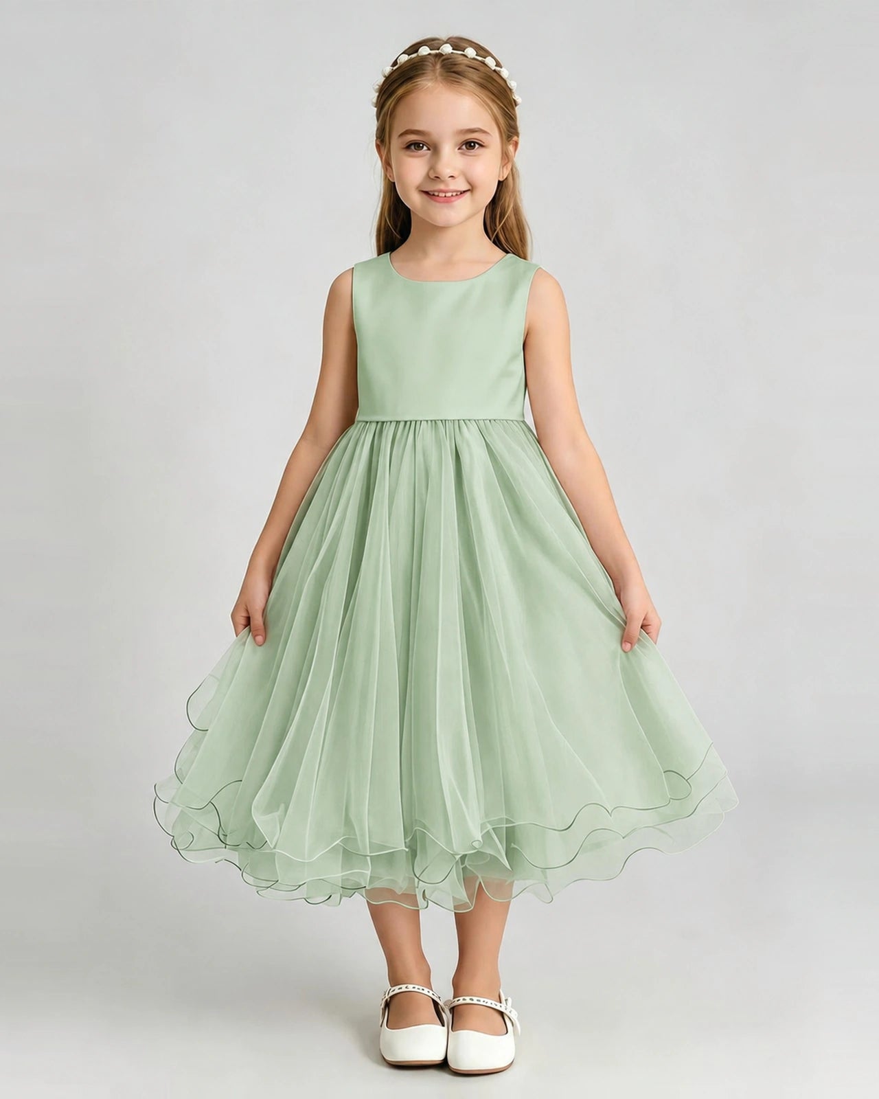 Sage Green Flower Girl Dress Sleeveless Layered Chiffon Knee-Length A-Line Gown Front Full View