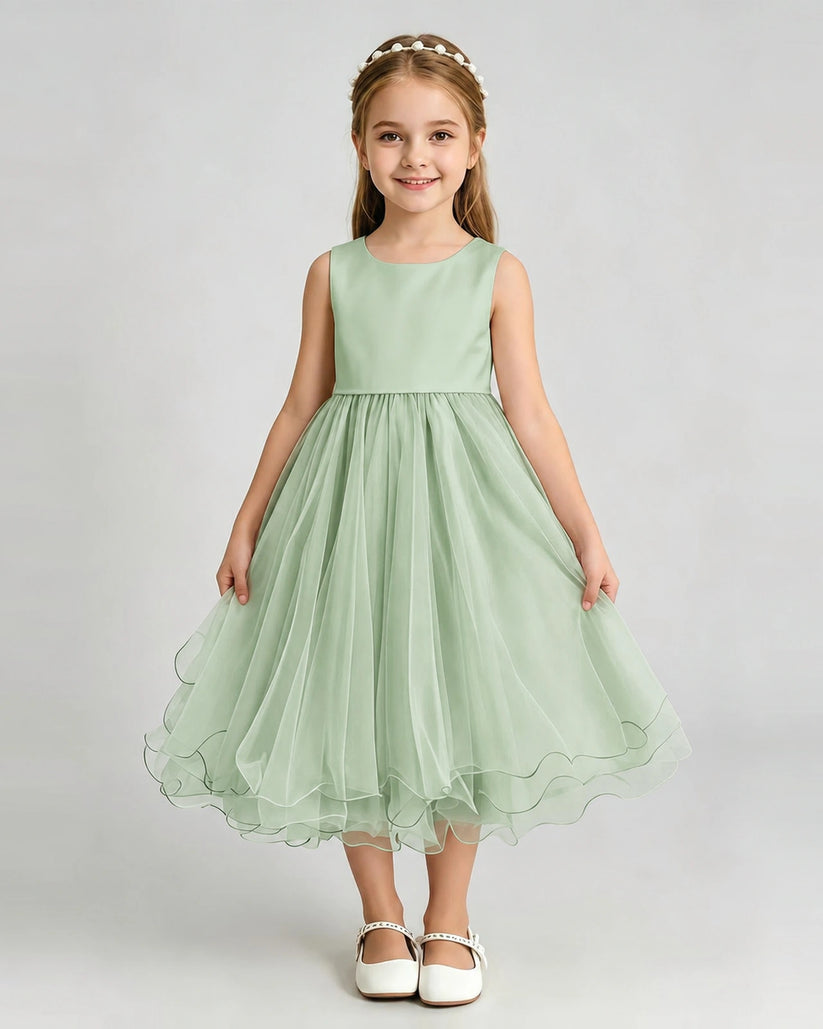 Sage Green Organza A-line Girls Formal Dress Front View