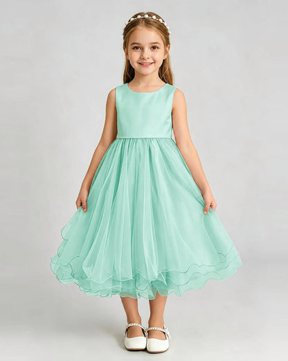 Turquoise Flower Girl Dress Sleeveless Layered Chiffon Knee-Length A-Line Gown Front Full View