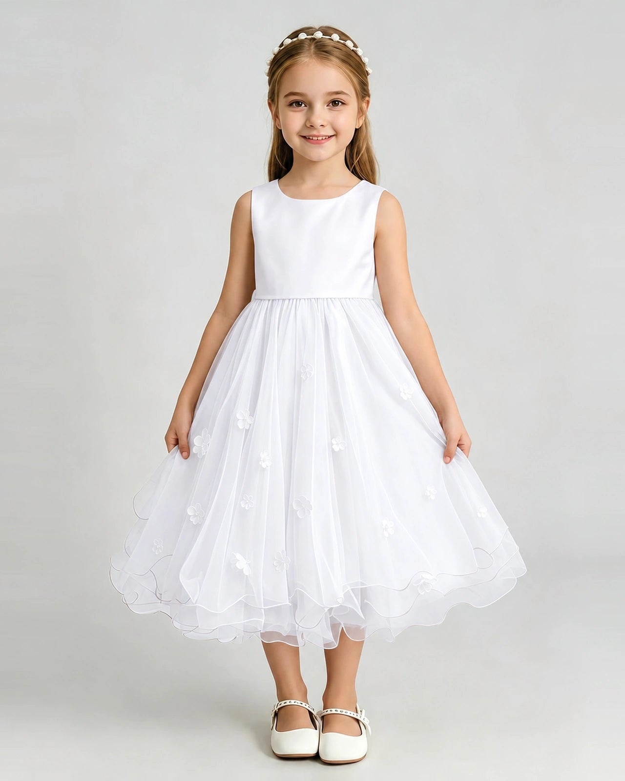 White Flower Girl Dress Sleeveless Layered Chiffon Knee-Length A-Line Gown Front Full View