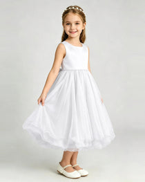 White Flower Girl Dress Sleeveless Layered Chiffon Knee-Length A-Line Gown Side View