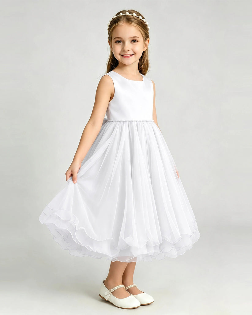 White Tulle A-line Girls Formal Dress Front View