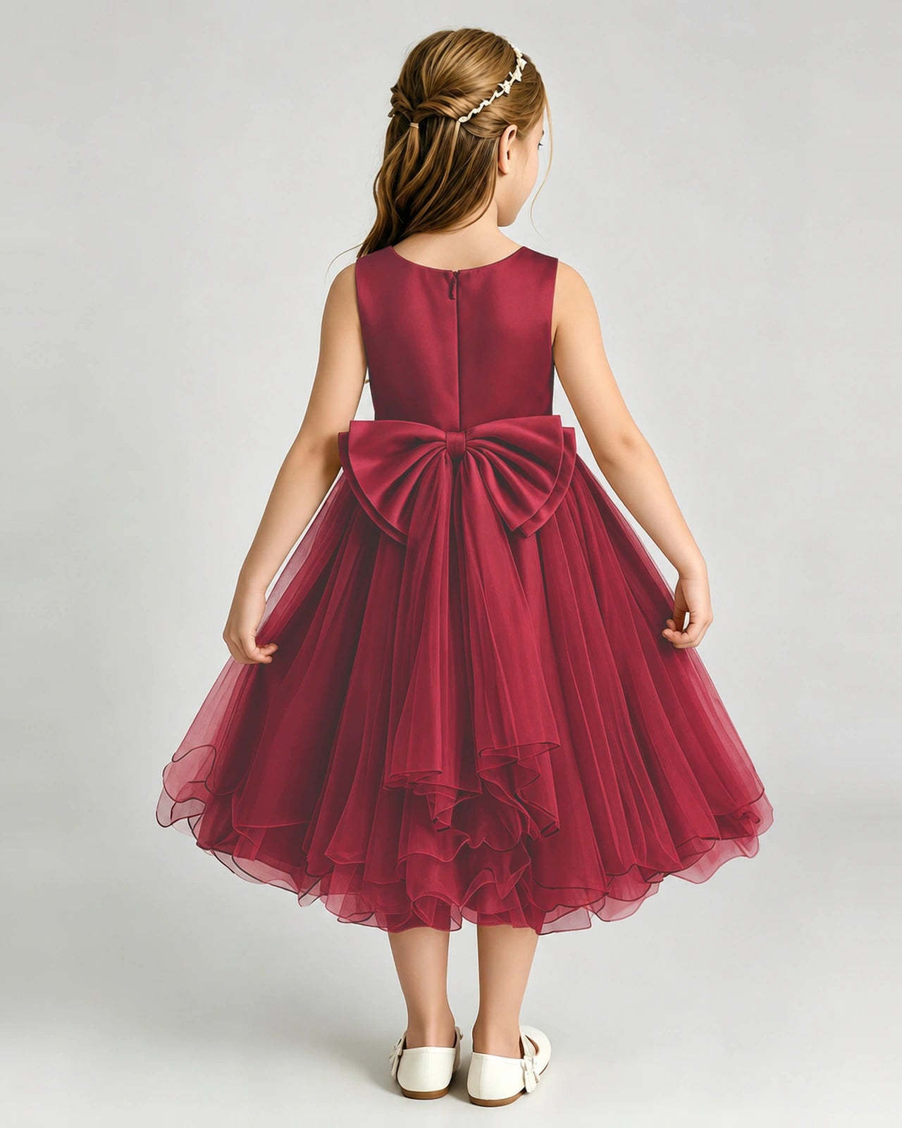 Windred Flower Girl Dress Sleeveless Layered Chiffon Knee-Length A-Line Gown Back View