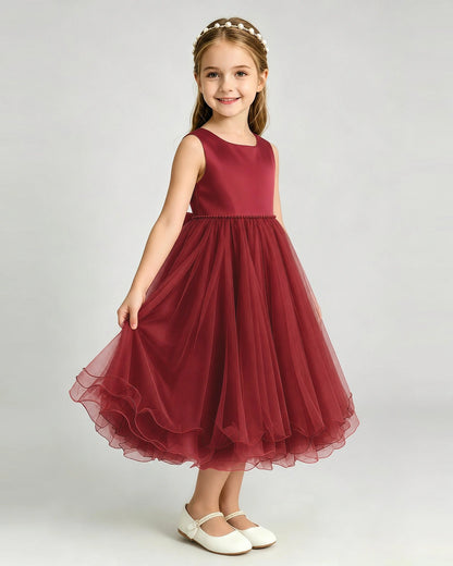Windred Flower Girl Dress Sleeveless Layered Chiffon Knee-Length A-Line Gown Side View