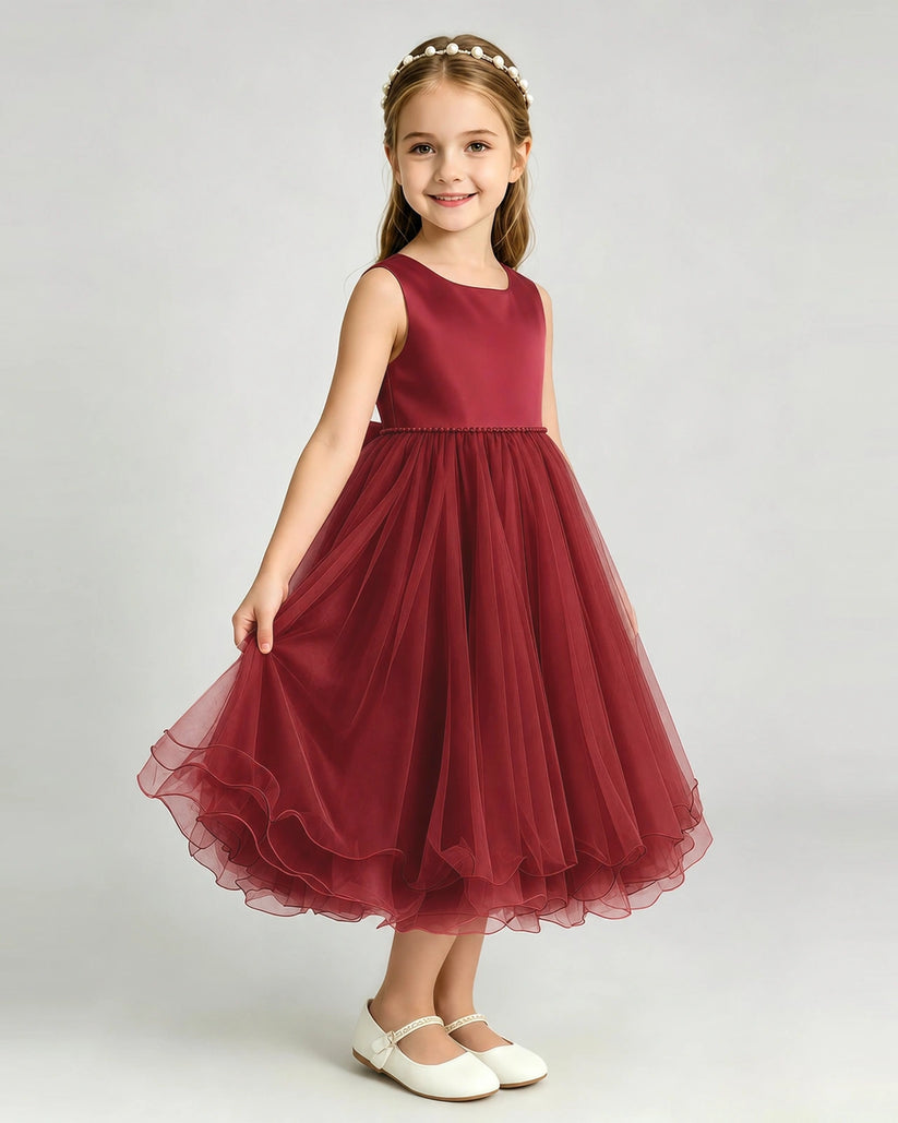 Wine Red Tulle A-line Girls Formal Dress Front View