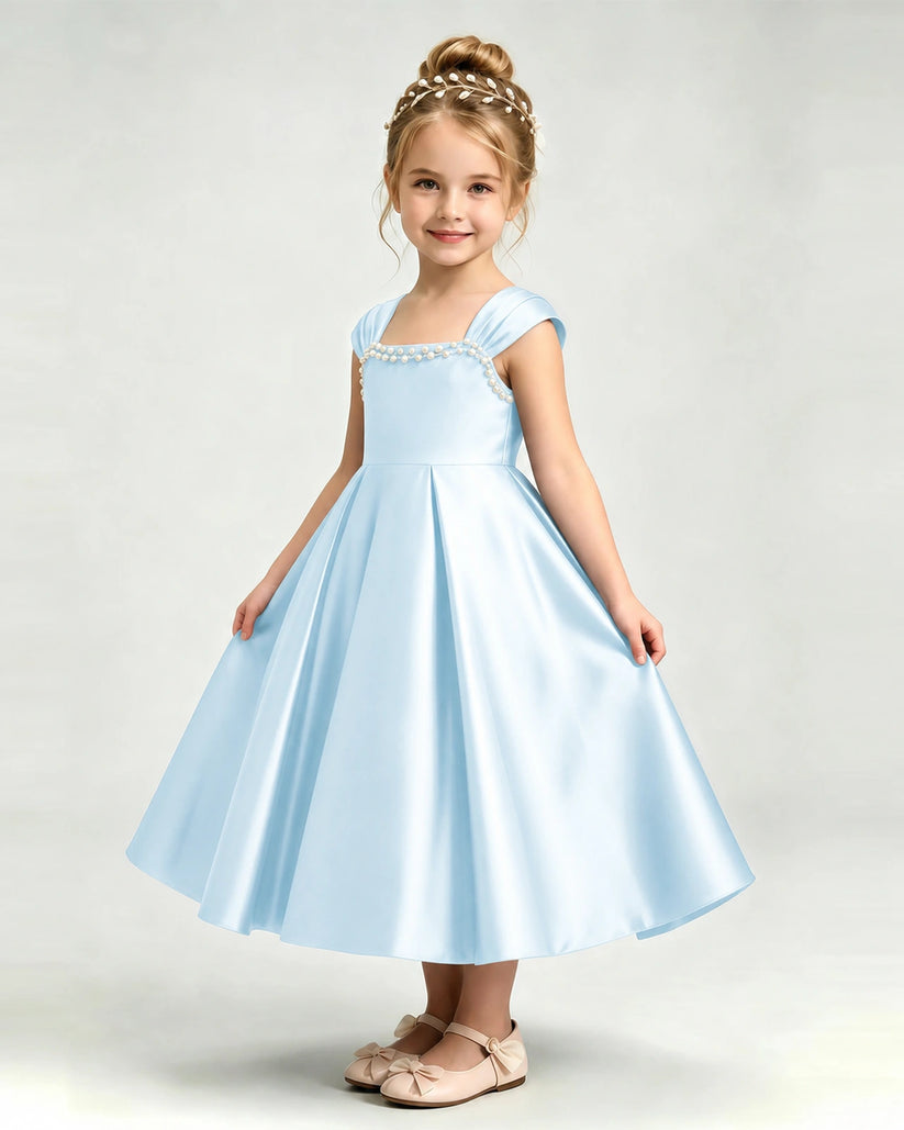 Baby Blue Satin A-line Girls Formal Dress Front View