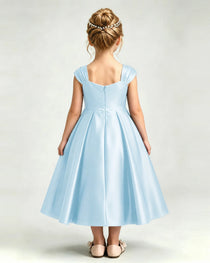 Dideyttawl Champagne Girls Formal Dress Cap Sleeve Pearl Satin Midi Ball Gown