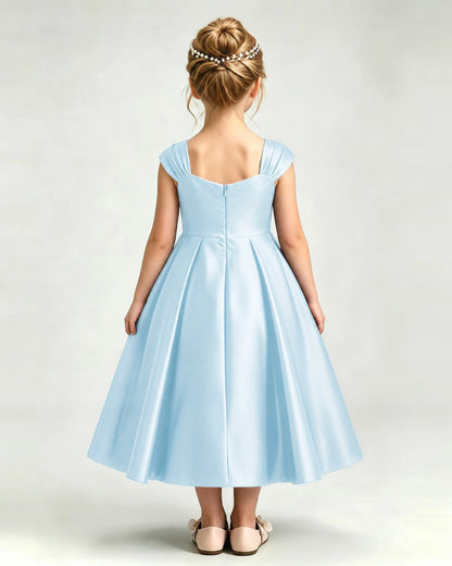 Dideyttawl Champagne Flower Girl Dress | Cap Sleeve Pearl Satin Midi Ball Gown
