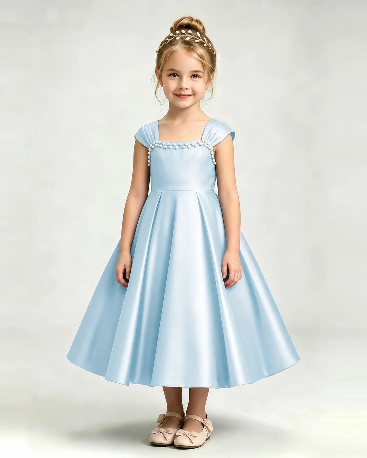 Dideyttawl Champagne Girls Formal Dress Cap Sleeve Pearl Satin Midi Ball Gown