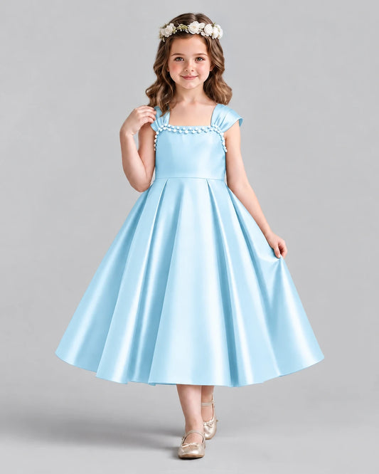 Baby Blue Satin A-line Girls Formal Dress Front View