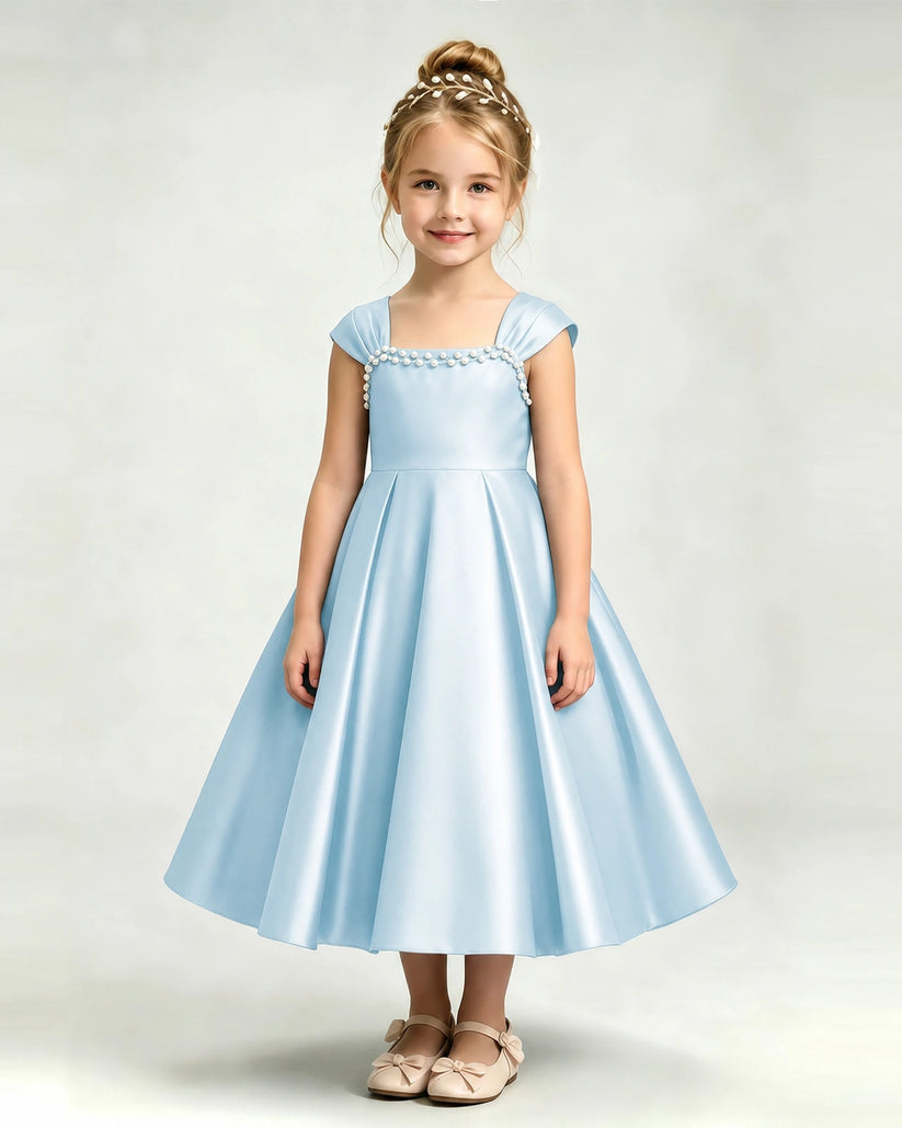 Baby Blue Satin A-line Girls Formal Dress Front View