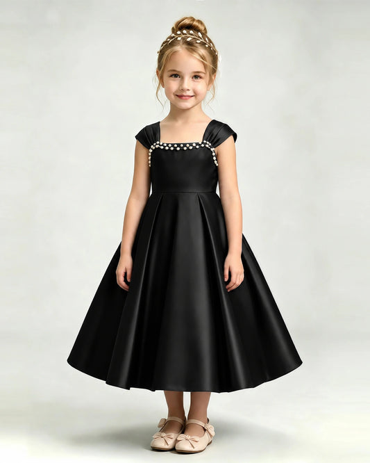 Black Satin A-line Girls Formal Dress Front View