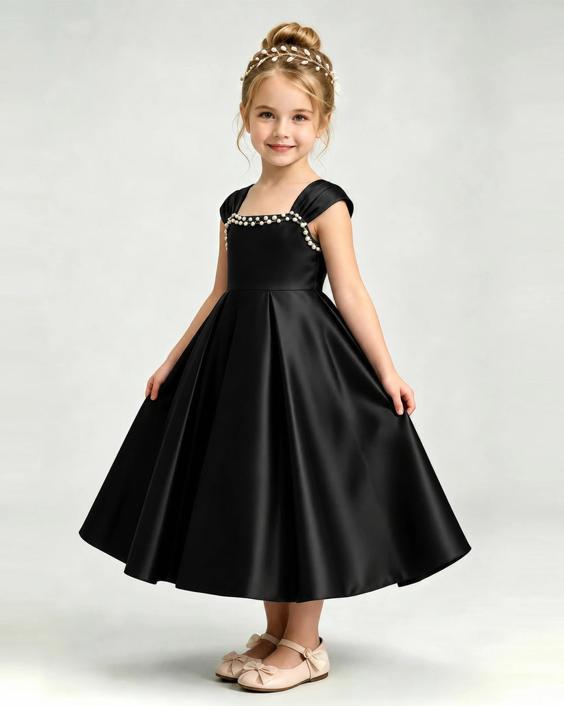 Black Satin A-line Girls Formal Dress Front View