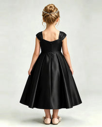 Dideyttawl Champagne Girls Formal Dress Cap Sleeve Pearl Satin Midi Ball Gown