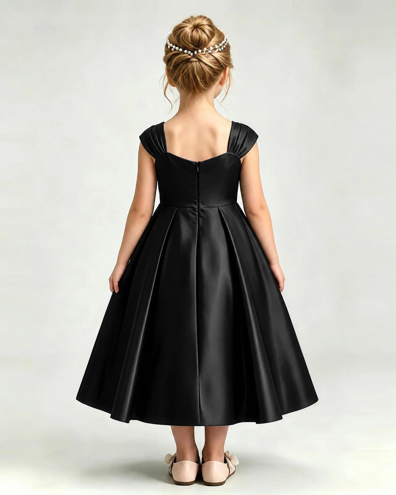 Dideyttawl Champagne Girls Formal Dress Cap Sleeve Pearl Satin Midi Ball Gown