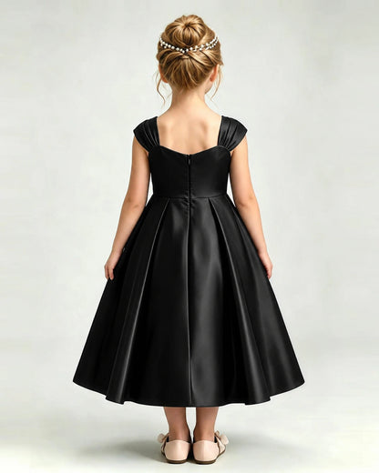 Dideyttawl Champagne Flower Girl Dress | Cap Sleeve Pearl Satin Midi Ball Gown
