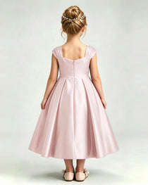 Dideyttawl Champagne Girls Formal Dress Cap Sleeve Pearl Satin Midi Ball Gown