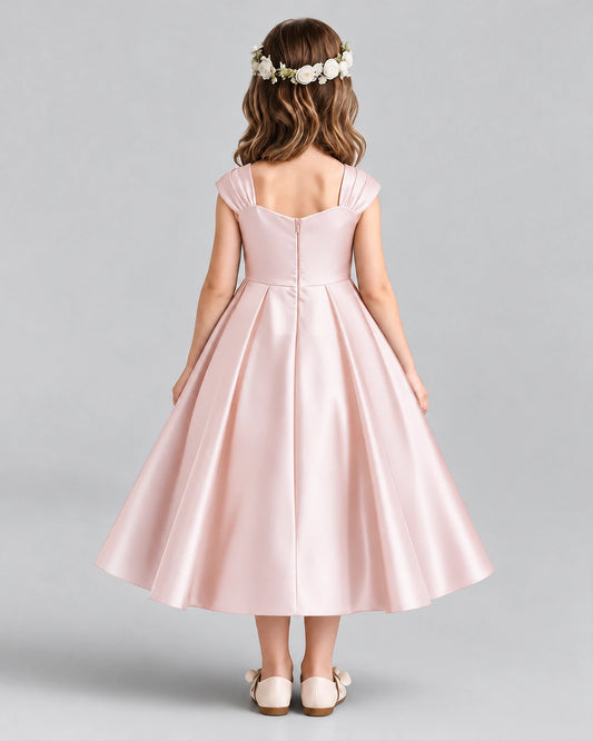 Blush Pink Satin A-line Girls Formal Dress Back View