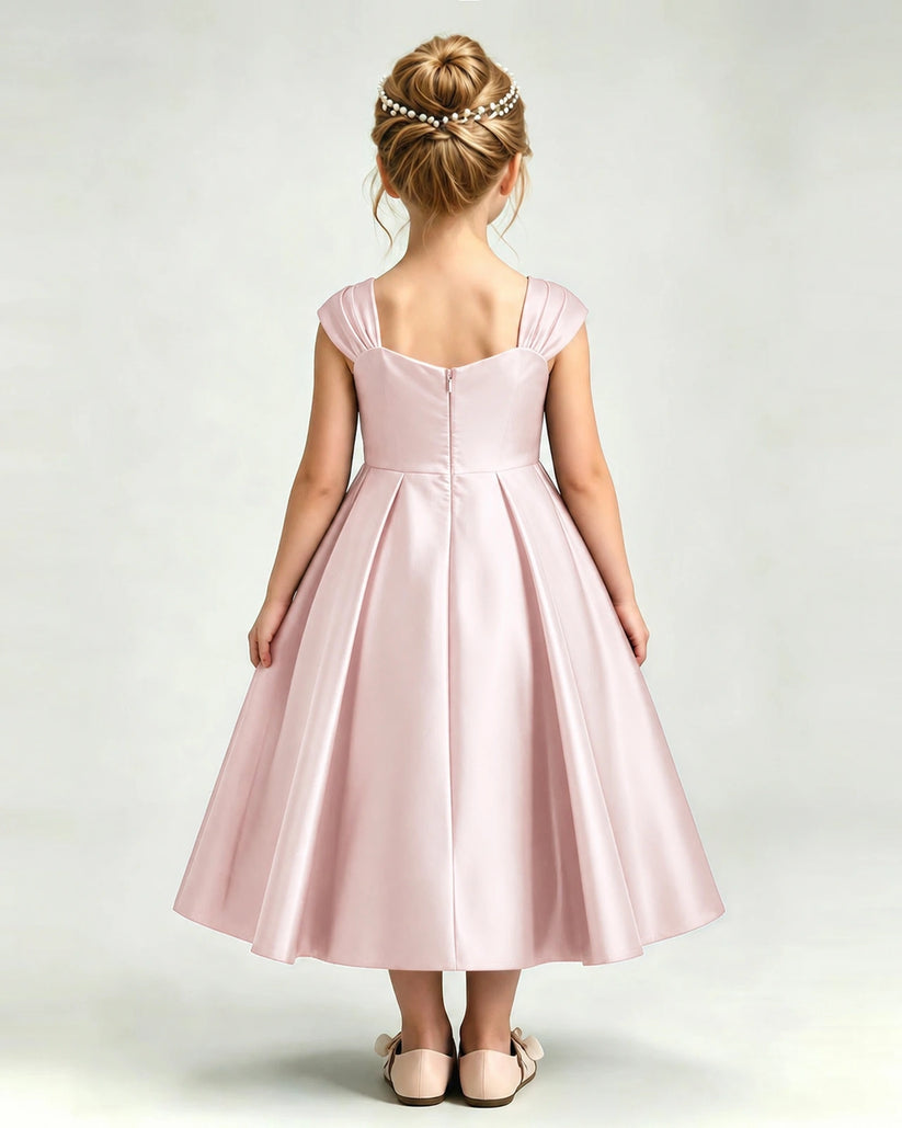 Blush Pink Satin A-line Girls Formal Dress Back View
