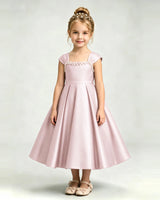 Blush Pink Satin A-line Girls Formal Dress Front View