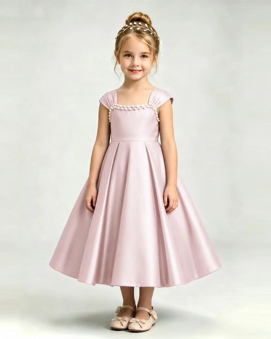 Blush Pink Satin A-line Girls Formal Dress Front View