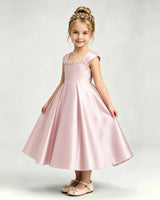 Blush Pink Satin A-line Girls Formal Dress Front View