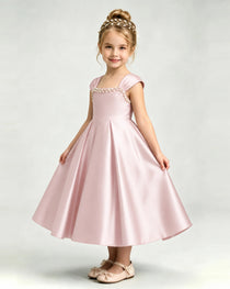 Dideyttawl Champagne Girls Formal Dress Cap Sleeve Pearl Satin Midi Ball Gown