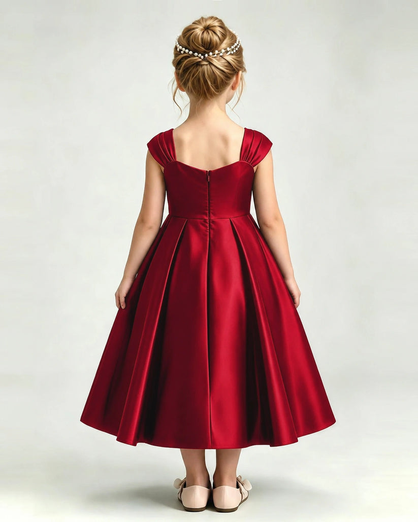 Burgundy Satin A-line Girls Formal Dress Back View