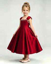 Dideyttawl Champagne Girls Formal Dress Cap Sleeve Pearl Satin Midi Ball Gown