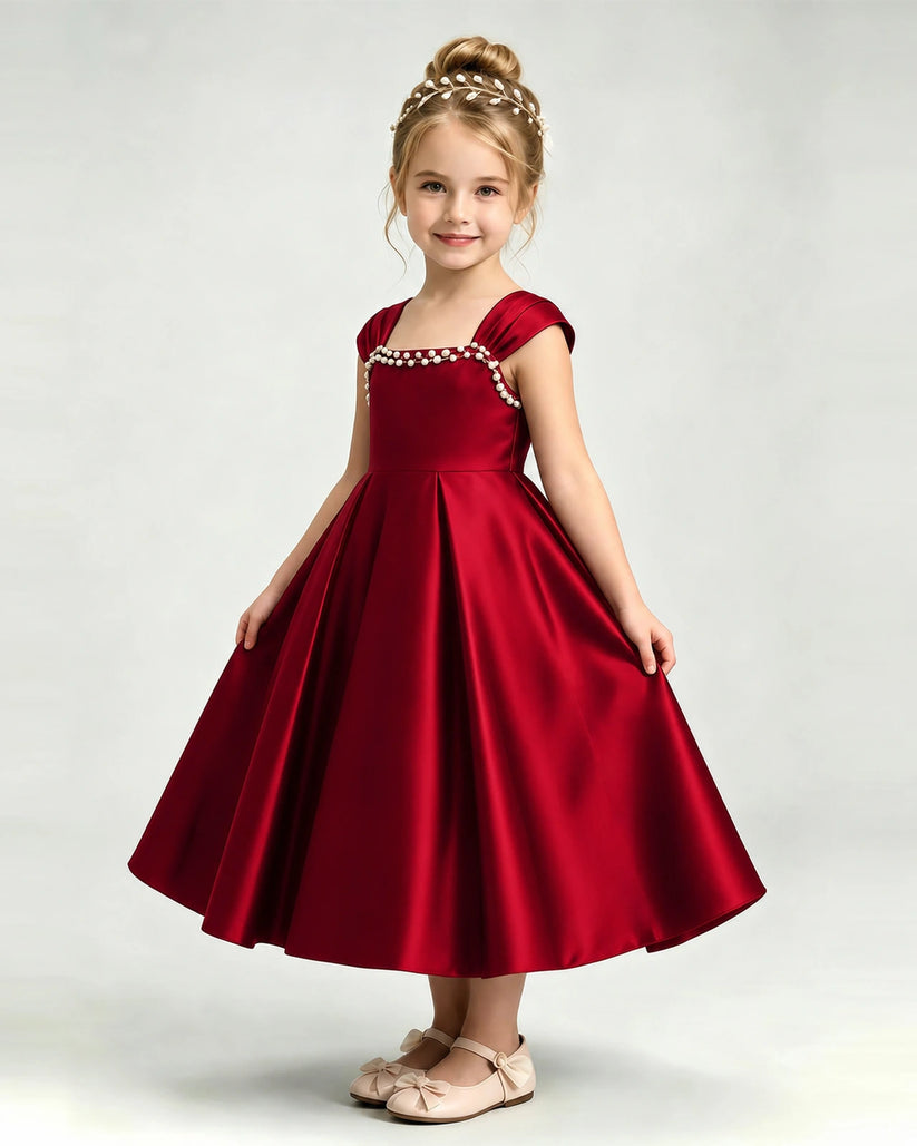 Burgundy Satin A-line Girls Formal Dress Front View