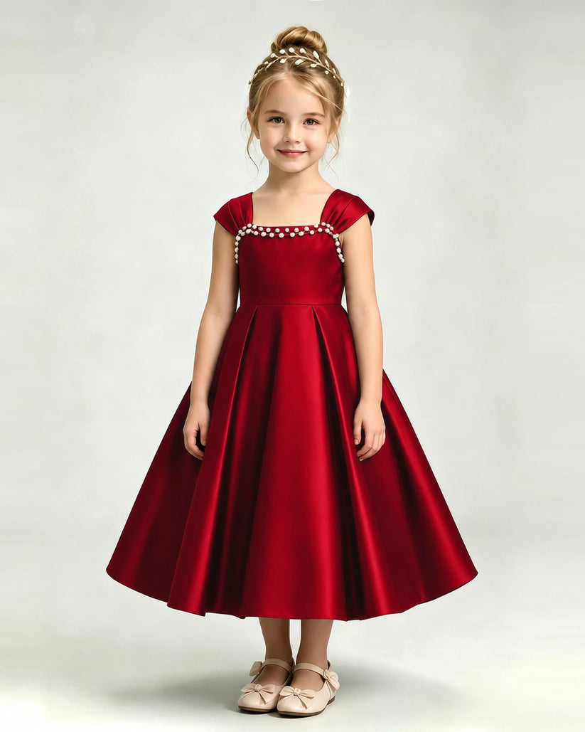 Burgundy Satin A-line Girls Formal Dress Front View