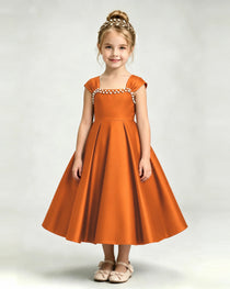 Dideyttawl Champagne Girls Formal Dress Cap Sleeve Pearl Satin Midi Ball Gown