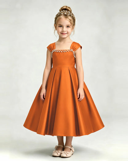Dideyttawl Champagne Flower Girl Dress | Cap Sleeve Pearl Satin Midi Ball Gown