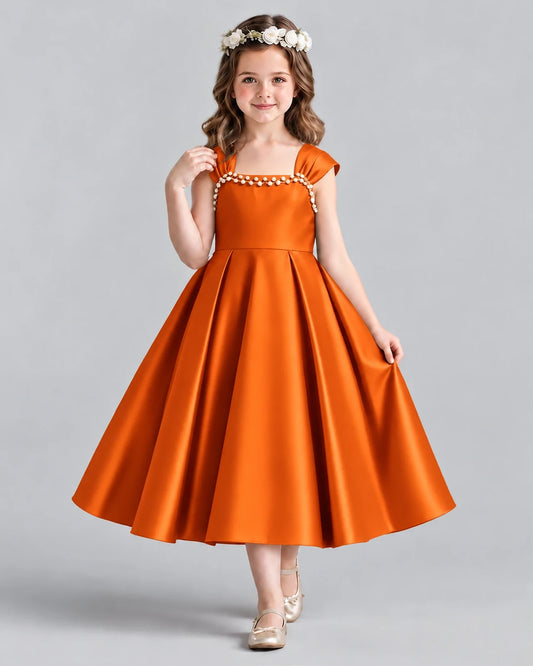 Burnt Orange Satin A-line Girls Formal Dress Front View