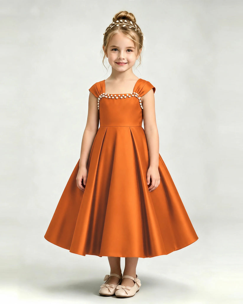 Burnt Orange Satin A-line Girls Formal Dress Front View