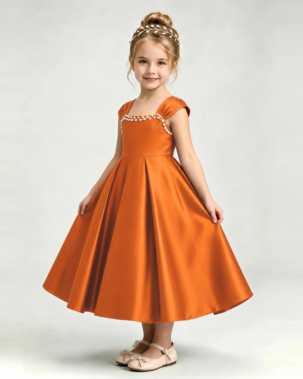 Dideyttawl Champagne Flower Girl Dress | Cap Sleeve Pearl Satin Midi Ball Gown