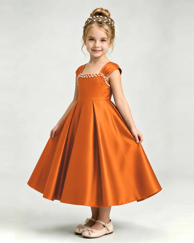 Burnt Orange Satin A-line Girls Formal Dress Front View