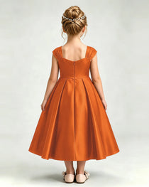 Dideyttawl Champagne Girls Formal Dress Cap Sleeve Pearl Satin Midi Ball Gown