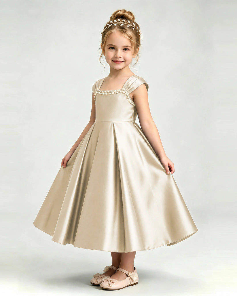 Champagne Satin A-line Girls Formal Dress Front View