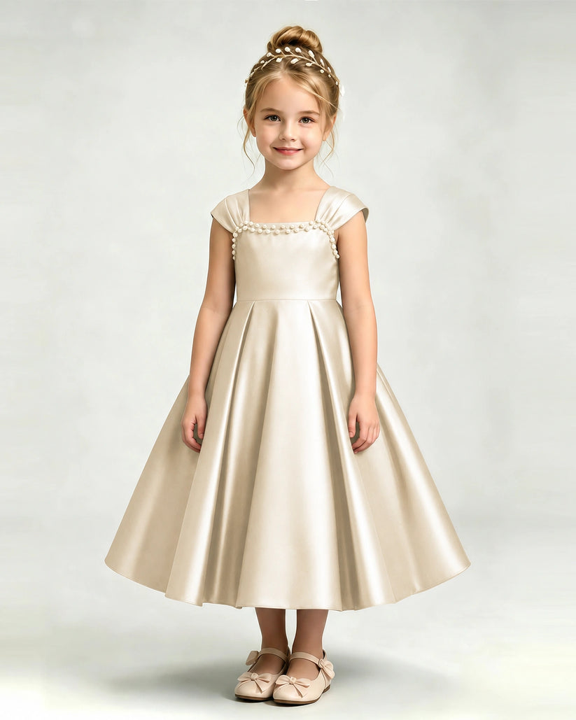 Champagne Satin A-line Girls Formal Dress Front View