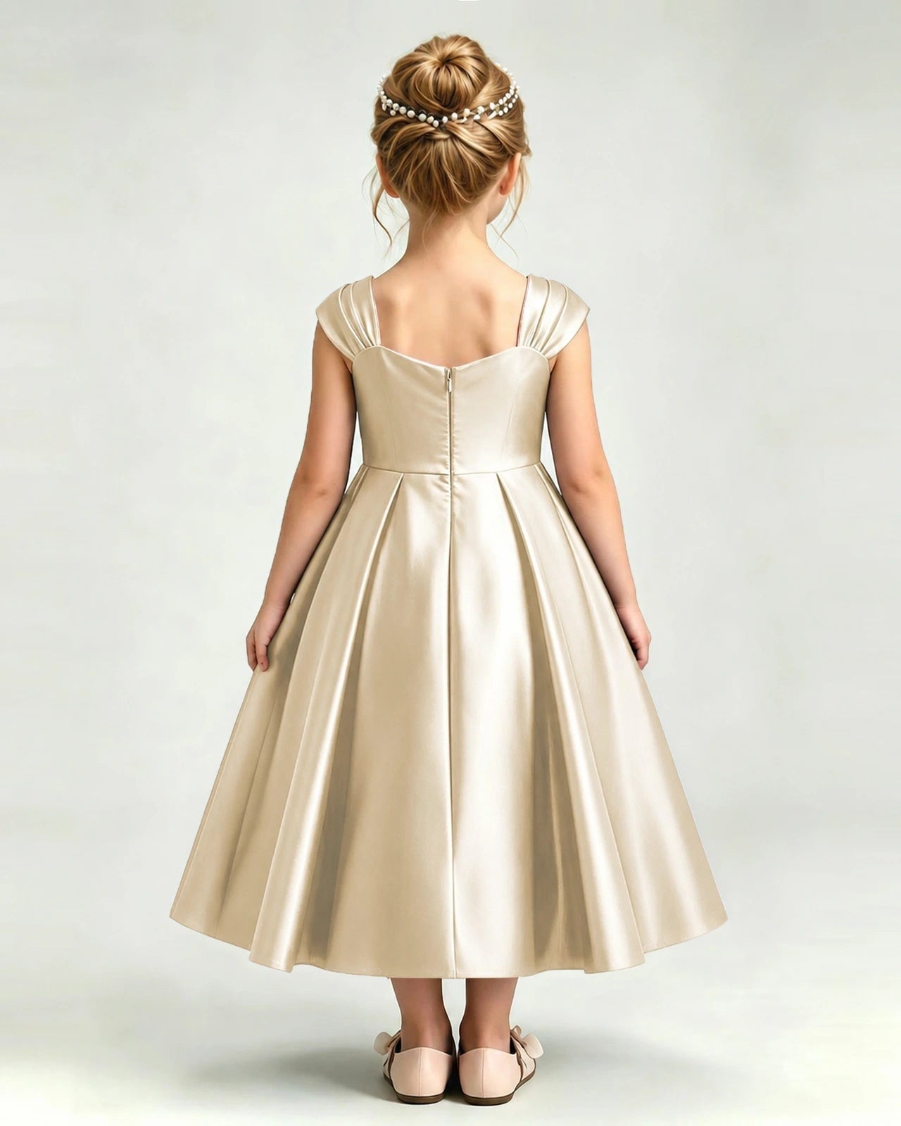 Dideyttawl Champagne Girls Formal Dress Cap Sleeve Pearl Satin Midi Ball Gown Zweitbild