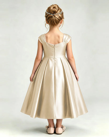 Dideyttawl Champagne Flower Girl Dress | Cap Sleeve Pearl Satin Midi Ball Gown
